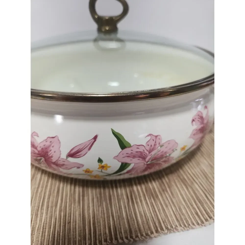 Vintage Normandy Taiwan Pink Lily Enamel Casserole Set w/ Lid Floral Cookware 2